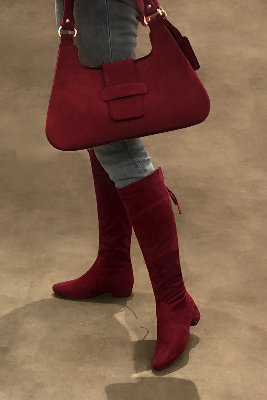 Burgundy red women's knee-high boots, with laces at the back. Round toe. Low block heels. Made to measure. Worn view - Florence KOOIJMAN